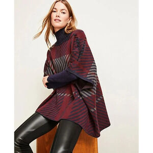 Ann Taylor Petite Plaid Poncho Womens XS/S Burgundy Blue Sweater Cottage